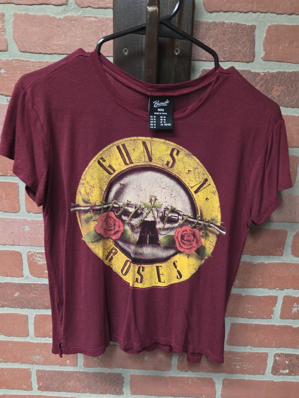 Brandy Melville Burgundy Guns N' Roses Graphic Tee with Yellow Logo M